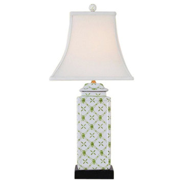 White and Green Geometric Square Temple Jar Porcelain Table Lamp, 22"