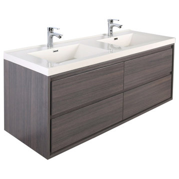 MOM 48" Wall Mounted Vanity With 4 Drawers and Acrylic Double Sink, Gray Oak