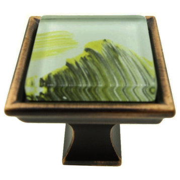 Hand Brushed Abstract Moss Streaks Crystal Glass Oil Rubbed Bronze Classic Knob