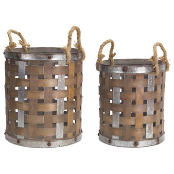 Pail With Rope Handle, 2-Piece Set, 15.5"H & 18"H Wood/Metal