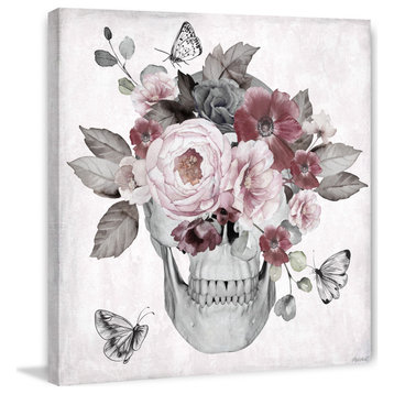 "Skull and Pink Peonies" Painting Print on Wrapped Canvas, 24x24