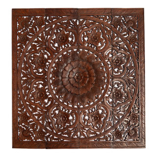 Square Carved Wood Sacred Fig Leaf Floral Wall Art Panels - Asian - Wall  Accents - by Asiana Home Decor | Houzz