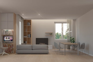 Immagine di un soggiorno moderno aperto con pareti bianche, pavimento in vinile e TV a parete