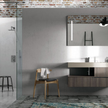 Modern asymmetrical bathroom vanity with beige countertop