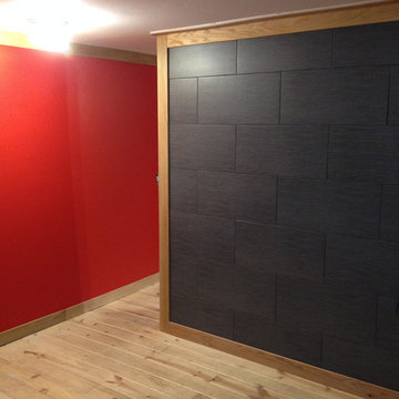 wall tile ,oak trim, wood flooring.