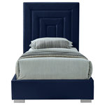 Meridian Furniture - Nora Velvet Upholstered Bed, Navy, Twin - Give your bedroom a new look in an instant with this Nora twin-size velvet bed. This sumptuously glamorous bed is just the thing for a bedroom makeover, with its rich navy velvet and neutral color palette that makes it an easy fit in your modern decor. Deep channel tufting makes this bed a standout and fast focal point in your room. Both gold and chrome legs come with the Nora bed, so you can customize its look.