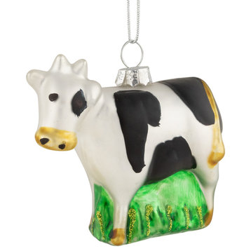 3" White and Black Cow Glass Christmas Ornament