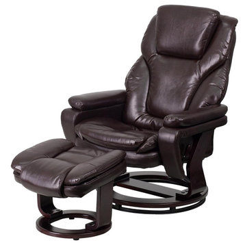 Contemporary Recliner Chair, Faux Leather Upholstered Seat With Ottoman, Brown
