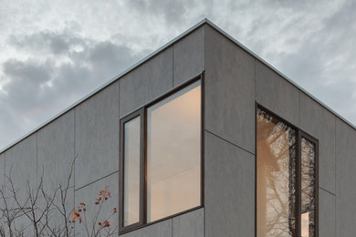 Modelo de fachada de casa contemporánea de una planta con revestimiento de aglomerado de cemento, tejado plano y tejado de metal