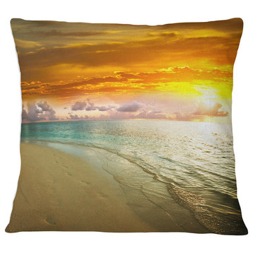Amazingly Colorful Beach with Footprints Seascape Throw Pillow, 16"x16"