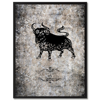 Ox Chinese Zodiac Black Print on Canvas with Picture Frame, 13"x17"