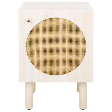 Mid Century Modern Nightstand, Cabinet Doors With Round Rattan Accent, White