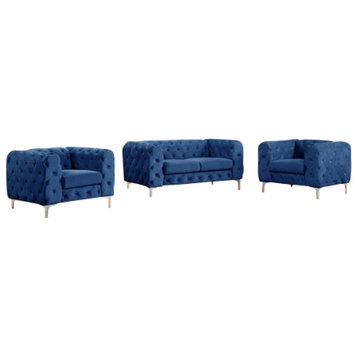 Rebekah 3 Piece Velvet Standard Foam Living Room Set 1sofa+2 Chairs, Royal Blue Velvet