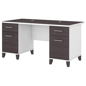 Rectangular Desk, Tapered Legs and Drawers With Bar Pull Handles, White/Storm