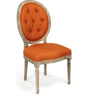 Medallion Tufted Linen Side Chair, Orange Linen