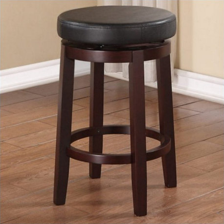 Linon Maya 24" Round Black Faux Leather Swivel Counter Stool in Dark Brown Wood