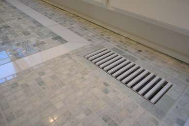 Inspiration for a large transitional master white tile and ceramic tile marble floor and green floor bathroom remodel in Chicago with raised-panel cabinets, white cabinets, green walls, marble countertops and green countertops