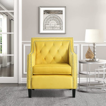 Traditional Accent Chair, Velvet Seat With Sloped Arms and Nailhead Trim, Yellow