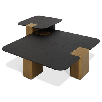 Modrest Harold Modern Black + Brushed Gold Oak Square Coffee Table Set