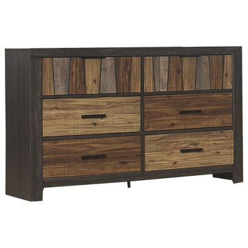 Benzara BM220028 Plank Style 6 Drawer Wooden Dresser, Metal Bar Handles, Brown