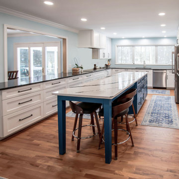 Kitchen with White Perimeter and Blue Island Cabinet Reface
