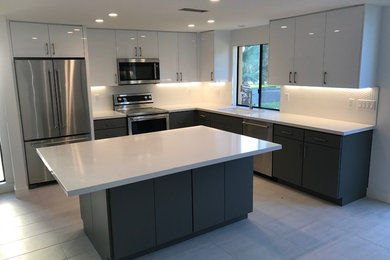 Inspiration for a large modern l-shaped porcelain tile and gray floor eat-in kitchen remodel in Other with an undermount sink, flat-panel cabinets, white cabinets, quartzite countertops, white backsplash, stainless steel appliances and an island
