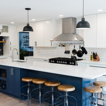 Rock Kitchen, Flooring and Custom Fireplace and Shelving Remodel