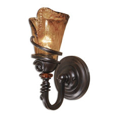 Wrought Iron Amber Art Glass and Bronze Wall Sconce