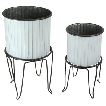 Set of 2 White / Charcoal Round Metal Tub Planters On Stands