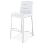 Zuri Furniture - Lynx Counter Height Contemporary Stool With Metal Base, White - The Lynx Counter Stool is a thoroughly modern piece with a sleek profile. The seat is padded with high-density foam and covered in soft faux leather for superior relaxation and easy cleaning. This extremely comfortable counter stool has a supportive backrest and a seat cushion that is slightly elevated in the front to give you a subtle ergonomic reclining angle while in use. To finish it off the Lynx features a convenient footrest on a sturdy brushed stainless steel stationary base that coordinates perfectly with modern kitchen appliances. Available in a variety of colors and your choice of counter or bar height, we're sure to have the perfect Lynx for your space! Bar height version is available separately. This product is suitable for indoor use only.