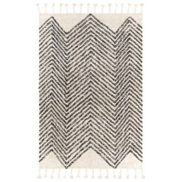 Contemporary Area Rug, Beige Cotton With Gray Geometric Zigzag Pattern & Tassels