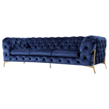 Benzara BM279671 97" Modern Sofa, Chesterfield, Velour Fabric, Blue, Gold