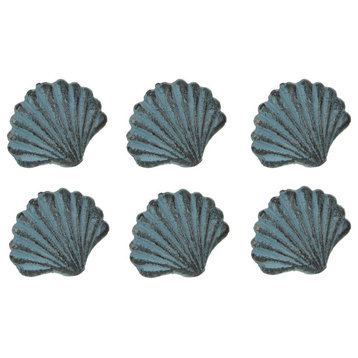Set of 6 Blue Cast Iron Scallop Sea Shell Drawer Pulls Nautical Cabinet Knobs
