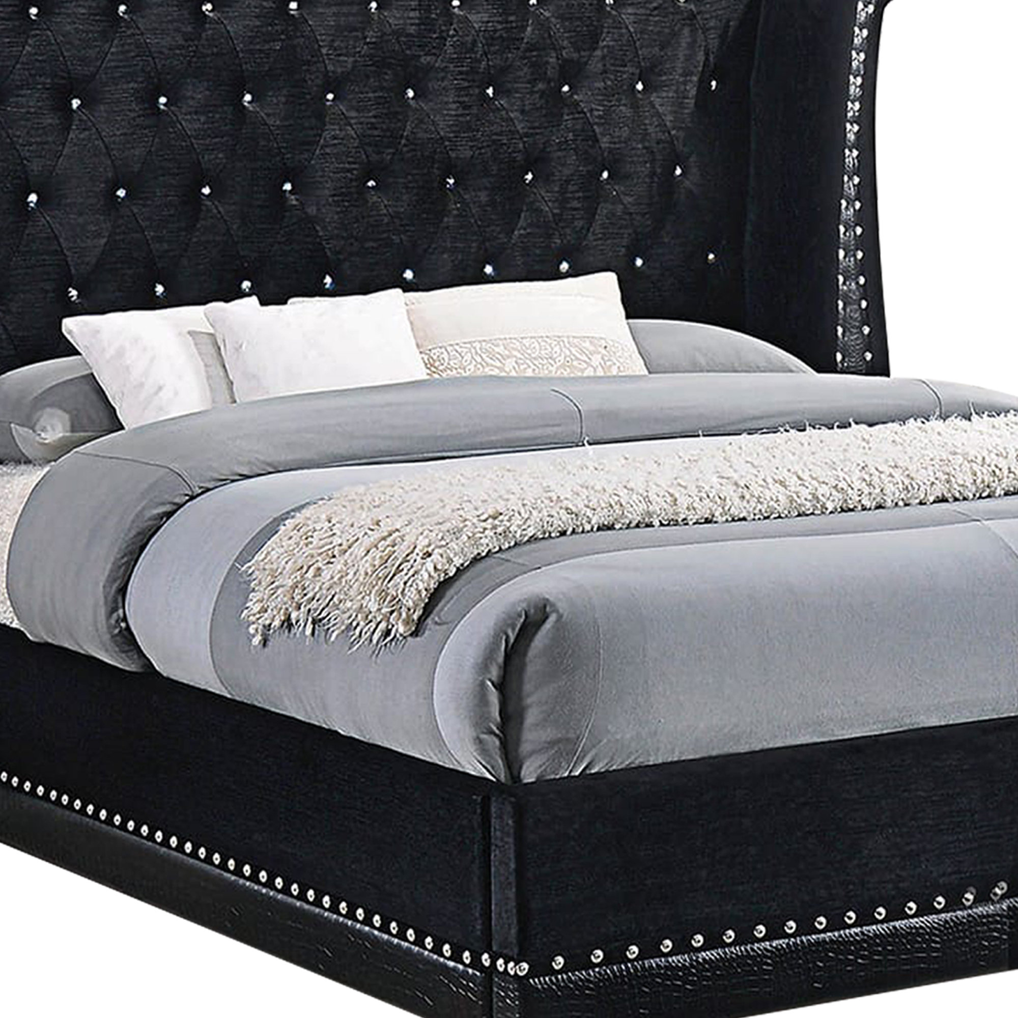 Erica King Size Bed, Gray and Black Wood Finish, Panel Style Headboard By Casagear Home