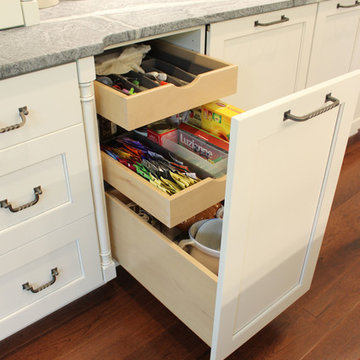 White Cabinets, Grey Countertops and Edgy Tile Backsplash