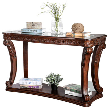 Benzara BM205337 Sofa Table with Cabriole Legs and Wooden Carving, Brown