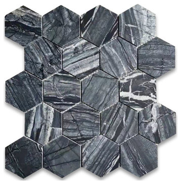 Silver Wave Black Forest Marble 3 Hexagon Wall Floor Mosaic Tile Honed, 1 sheet