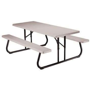 Folding Picnic Table, Metal Frame With Polyethylene Tabletop & Umbrella Hole