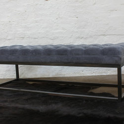 Hana Velvet Deep Buttoned Grey Velvet and Box Section Pipe Bench/Footstool - Upholstered Benches