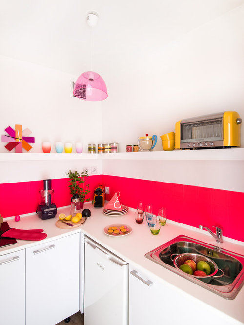 Houzz Kitchen with Pink Backsplash Design Ideas & Remodel Pictures