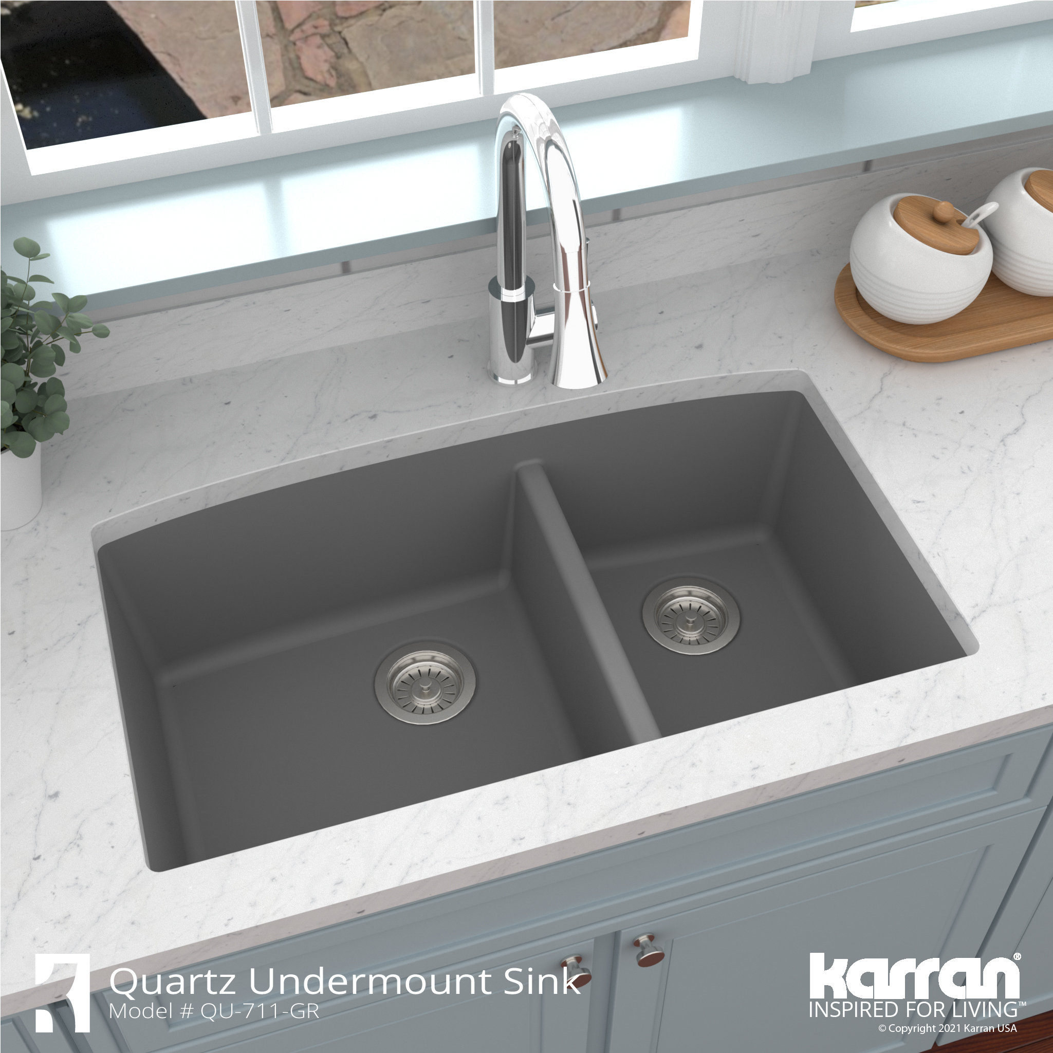 Karran Undermount Quartz 32" 60/40 Double Bowl Kitchen Sink, Grey