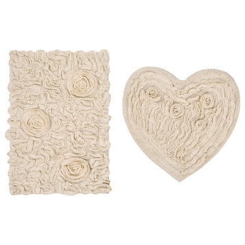 Bell Flower Collection Tufted Bath Rugs, 2-Piece Set With Heart, Ivory