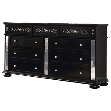 Wooden 9 Drawer Dresser With Mirror Inset And Bun Feet,Black And Clear
