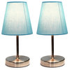 Simple Designs Sand Nickel Mini Basic Table Lamps, Fabric Blue Shade, 2-Pack Set