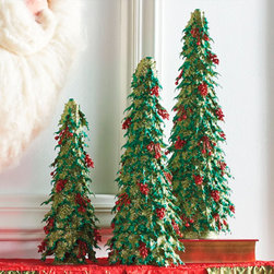 Holly Glitter Trees  Set Of Three - Holiday Decorations