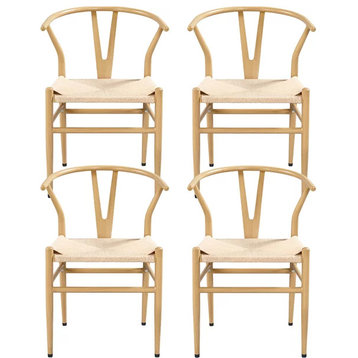 Set of 4 Dining Chair, Knitted Seat & Unique Curved Open Back, Wood