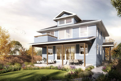 Diseño de fachada de casa azul contemporánea de tamaño medio de tres plantas con revestimiento de aglomerado de cemento