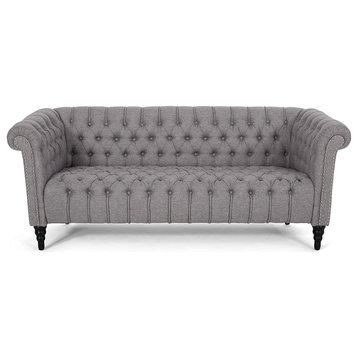 Traditional Chesterfield Sofa, Grey Tufted Upholstered Seat With Scrolled Arms