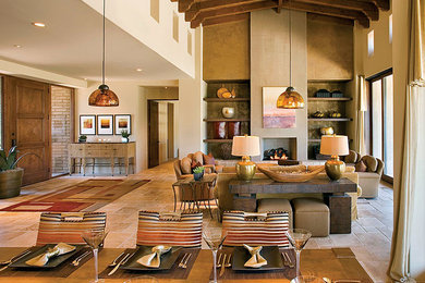 Living room - large craftsman formal and open concept ceramic tile and beige floor living room idea in Austin with beige walls, a standard fireplace and no tv