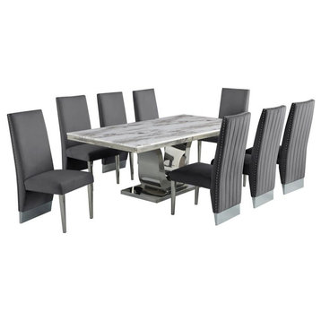 Silver Stainless Steel 9 Piece Dining Set with Marble Table and Gray Chairs